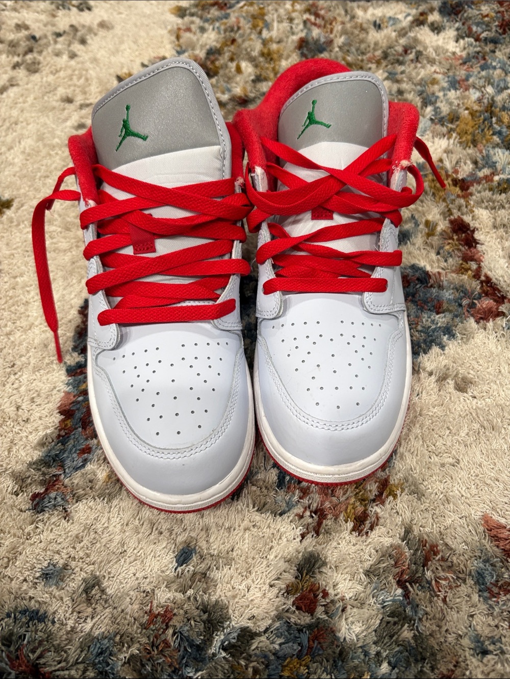 Nike Kids White Sneakers with Red Laces and Green Jumpman